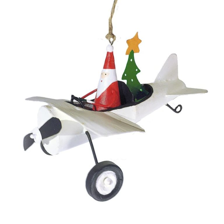 Metal Ornament, Santa in White Airplane, G-Bork