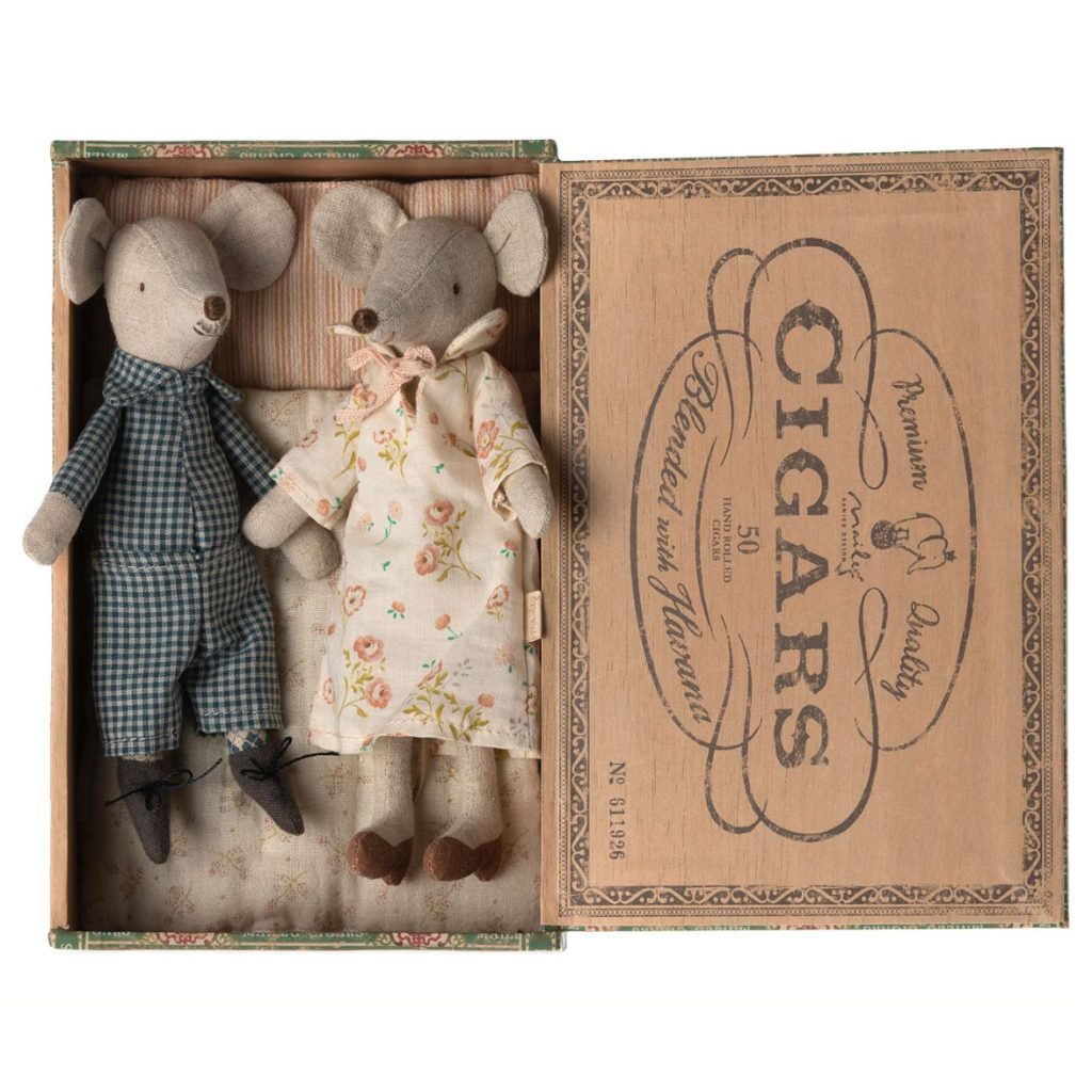 Maileg Grandma and Grandpa mice in cigarbox