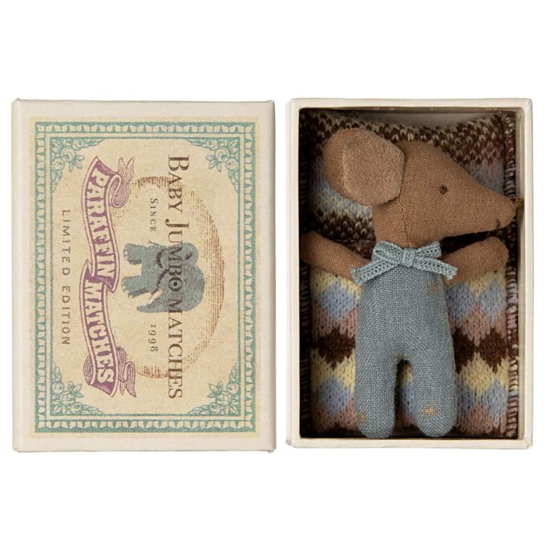 Maileg Sleepy Wakey Baby Mouse in Matchbox - Blue - Product Image
