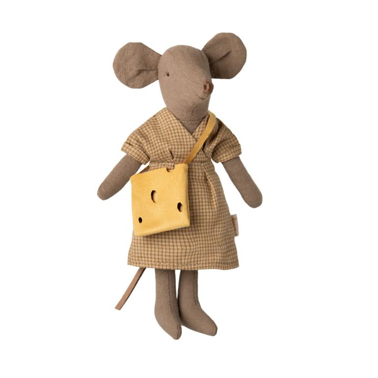 Maileg Mum Mouse – Bombažna Obleka In Torbica S Sirom