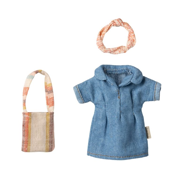 Maileg Mum Mouse Clothes – Denim Dress with Bag & Headband