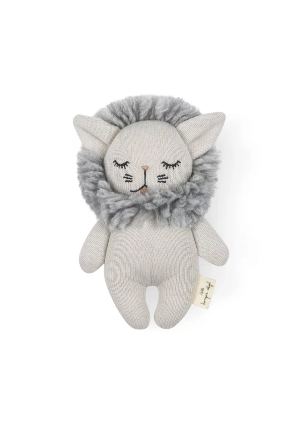 Baby lion toy made of organic cotton Konges Sløjd – gray, knitted, with hand-made mane and closed eyes