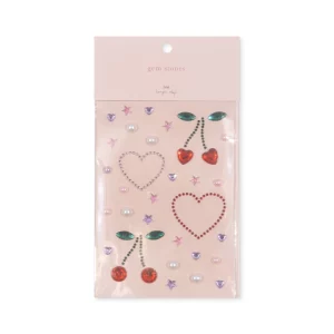 Decorative pebble sheet (14.8×10.5×0.2 cm) made of PET and acrylic for children's art projects and decoration. There are heart-shaped pebbles, like pearls, cherries