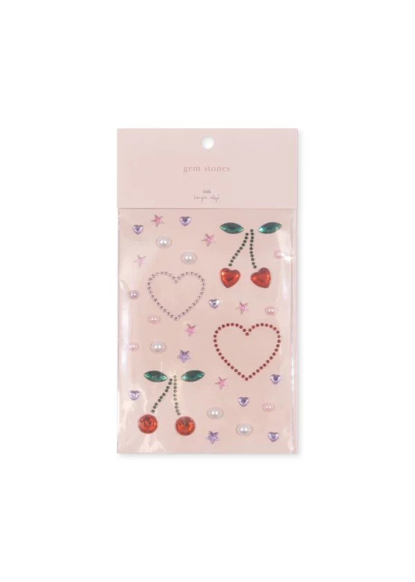 Decorative pebble sheet (14.8×10.5×0.2 cm) made of PET and acrylic for children's art projects and decoration. There are heart-shaped pebbles, like pearls, cherries