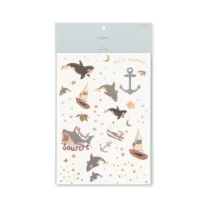 Temporary tattoo set for kids - over 30 designs on 3 sheets, easy to apply with water and wash off with soap. Includes whale, shark, boat, ship, anchor, crocodile and more
