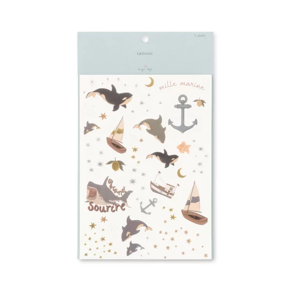 Temporary tattoo set for kids - over 30 designs on 3 sheets, easy to apply with water and wash off with soap. Includes whale, shark, boat, ship, anchor, crocodile and more