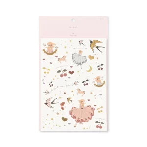 Temporary tattoo set for kids - over 30 designs on 3 sheets, easy to apply with water and wash off with soap. There are tattoos of swallows, skulls, a blonde girl, unicorns and more.