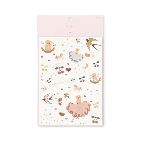 Temporary tattoo set for kids - over 30 designs on 3 sheets, easy to apply with water and wash off with soap. There are tattoos of swallows, skulls, a blonde girl, unicorns and more.
