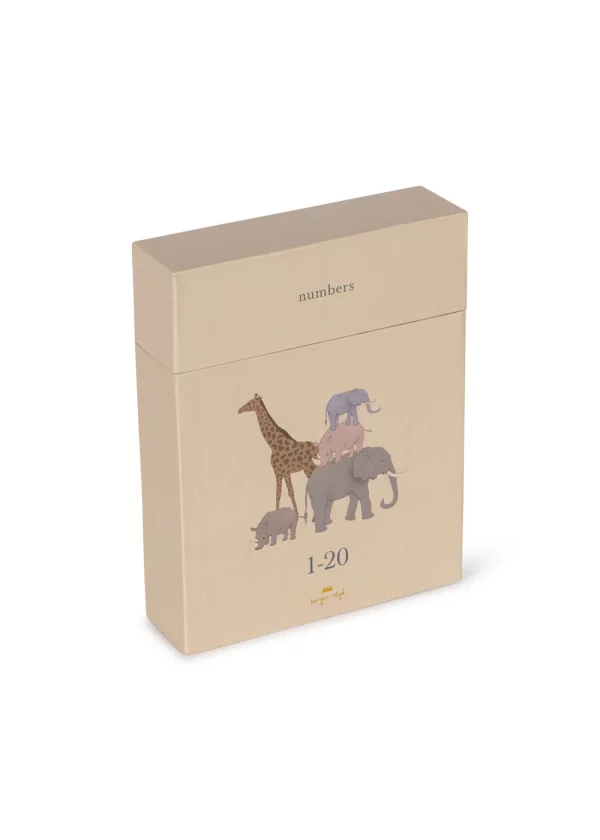 Double-sided cardboard flash card: a number on one side and a color illustration (1–panda; 2–two dinosaurs; etc.) Comes in a box