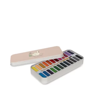 Set of 24 watercolor paints in a metal box with a wooden brush with nylon bristles, water-activated, for children over 3 years old