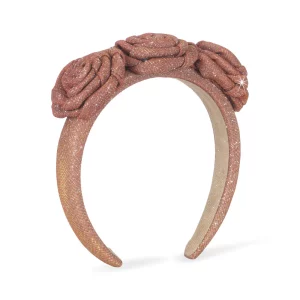 Glittery polyester hair band in pink with decorative roses - stretchable headband for girls and women's look