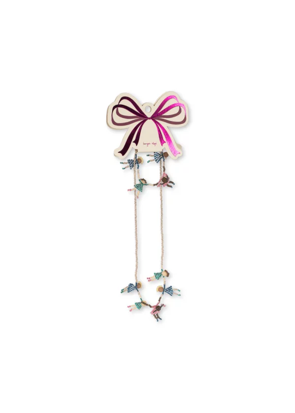 Children's necklace and bracelet with 5 colorful figures of children holding hands and glass and elastane beads