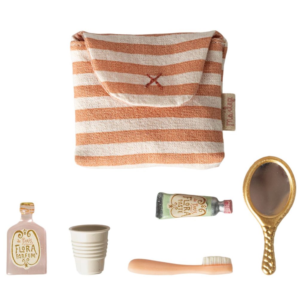 Maileg Toothbrush Set In Bag, Mouse – Coral Stripe - Product Image