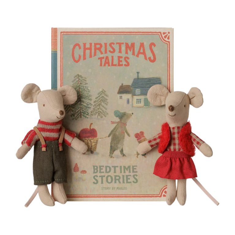 Maileg Christmas Twin Mice, Little Sister and Brother in Book - Product Image
